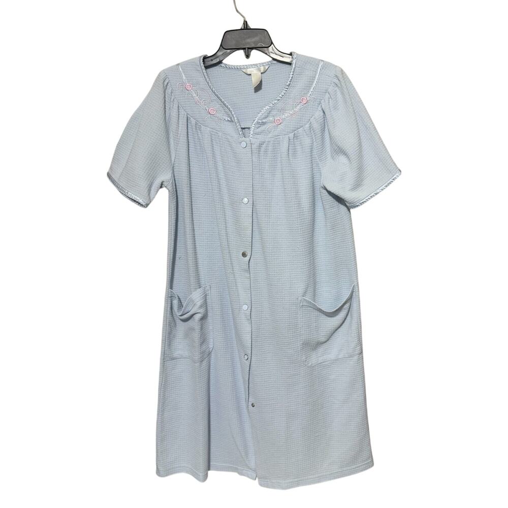 VTG Adonna Blue Snap Front robe House Dress Pockets waffle knit Women's Sz M